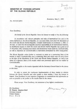 Slovak Republic, Minister of Foreign Affairs letter to the Secretary-General of the United Nation...