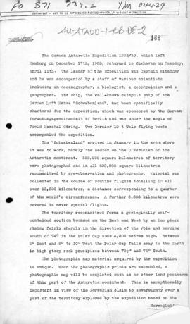 Report of the discoveries and claims made by the German Antarctic Expedition of 1938-1939